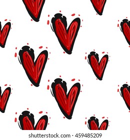 Vintage seamless pattern with red heart. Background for wedding celebrations. Black symbols on white hand drawing style.