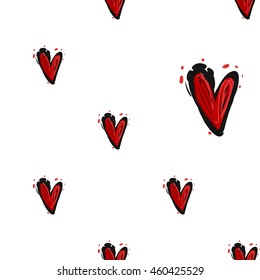 Vintage seamless pattern with red heart. Background for eco forest wedding celebrations. Hand drawing style.
