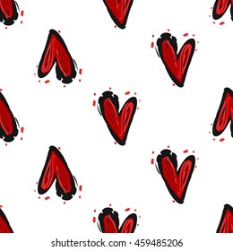 Vintage seamless pattern with red heart.Background for wedding celebrations. Black symbols on white hand drawing style.