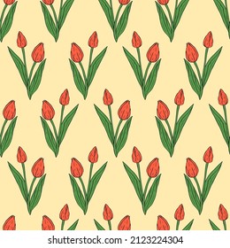 Vintage seamless pattern with red line art tulips flowers and leaves on beige background