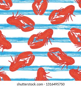 Vintage seamless pattern with red lobster and blue stripes. Retro hand drawn vector illustration background. Use for design menu, poster, flyer, banner.