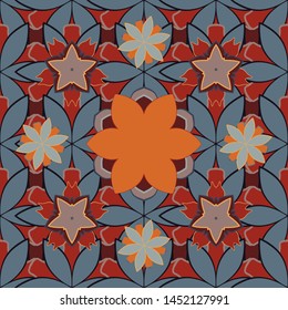 Vintage seamless pattern in red, orange and gray colors. Hand written vector flowers, stamps, keys.