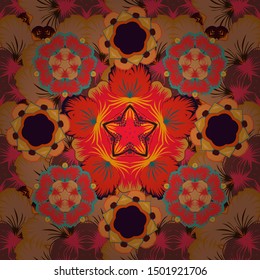 Vintage seamless pattern with red, orange and brown repeating elements. Oriental abstract vector classic pattern.