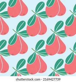 Vintage seamless pattern Red pear,branches with leaves isolated on white background.