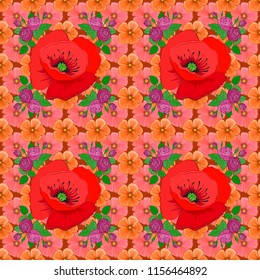 Vintage seamless pattern in red, pink and orange colors. Hand written vector poppy flowers, stamps, keys.