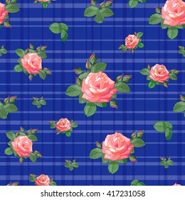 Vintage seamless pattern with red roses and leaves on blue background in a cage. Vector illustration in retro style.Can be used for textile,fabric,wrapping paper.