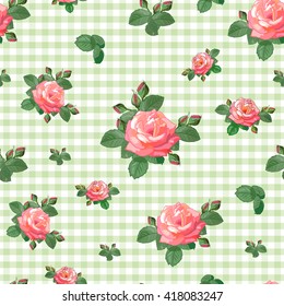 Vintage seamless pattern with red roses and leaves on light green background.Vector illustration in retro style.Can be used for textile,fabric,wrapping paper.