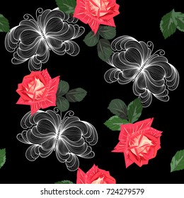Vintage seamless pattern with red roses and delicate butterflies on  black background. Flower background for textile, cover, wallpaper, gift packaging, printing.Romantic design for calico, silk.