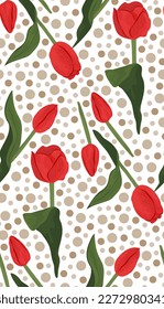 Vintage seamless pattern of red tulip flowers and brown circles on white background. Spring flowers textile.