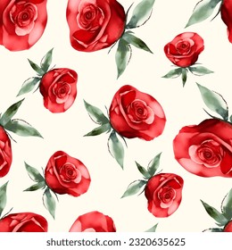 Vintage seamless pattern red watercolor roses isolated on white background, vector print backdrop