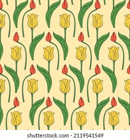 Vintage seamless pattern with red and yellow line art tulips flowers and leaves on beige background