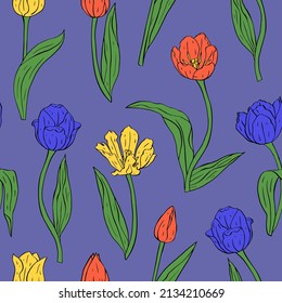 Vintage seamless pattern with red and yellow line art tulips flowers and leaves on blue background