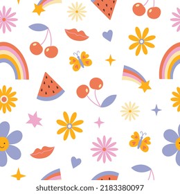 Vintage seamless pattern in retro hippie style in the style of the 70s and 80s. Flowers, daisies, rainbows, stars. Pastel concept. Danish style. Vector flat cartoon illustration.