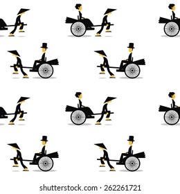Vintage seamless pattern. Rickshaws are picking up a the passengers by a traditional asian transport. 