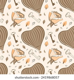Vintage seamless pattern in romantic style. Soft, delicate colors. Hot air balloon, watch, keys, rose petals, envelope, letter. It can be used as textile design, wrapping paper.