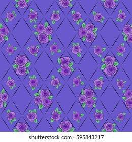 Vintage seamless pattern a lot of rose flowers on violet background. Imitation embroidery. Hand drawn, separated editable elements. Vector illustration.