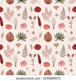 Patrón vintage sin fisuras con rosas. Diseño de fondo de escritorio Boho. Ilustración vectorial dibujada por mano