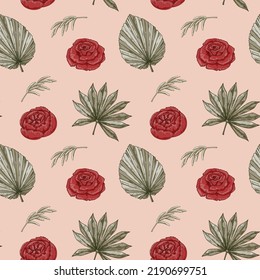 Vintage seamless pattern with roses. Boho wallpaper design. Hand drawn vector illustration