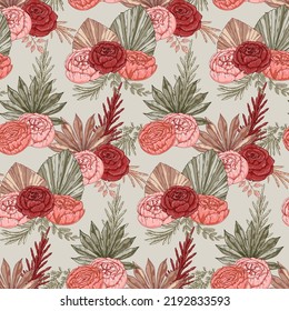 Vintage seamless pattern with roses. Boho wallpaper design. Hand drawn vector illustration
