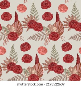 Vintage seamless pattern with roses. Boho wallpaper design. Hand drawn vector illustration