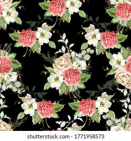 Vintage seamless pattern with roses and decorative flowers on a black background. Vector illustration.
