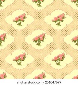 Vintage seamless pattern with roses and dots.  Vector illustration. 