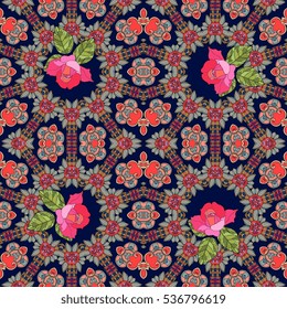 Vintage seamless pattern with roses on ornamental background.