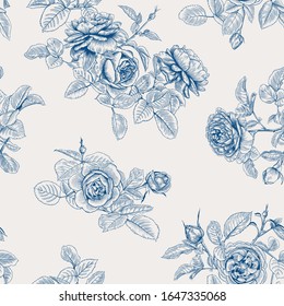 Patrón vintage sin fisuras con rosas. Impresión floral vectorial. Ilustración botánica. Azul y blanco.