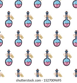Vintage seamless pattern with round poison bottle for wallpaper design, fabric, wrapping paper. Halloween party. Hand drawn vector doodle chemistry.