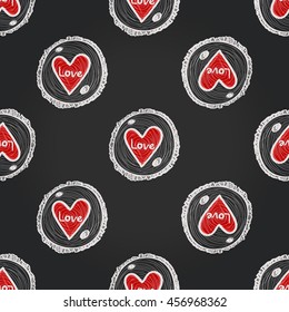 Vintage seamless pattern with round wood piece with red heart. Background for eco forest wedding or autumn celebrations. Floral rustic symbols and elements in chalkboard hand drawing style.