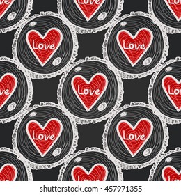 Vintage seamless pattern with round wood piece with red heart. Background for eco forest wedding or autumn celebrations. Floral rustic symbols and elements in chalkboard hand drawing style.