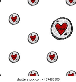 Vintage seamless pattern with round wood piece with red heart. Background for eco forest wedding or autumn celebrations. Black floral rustic symbols and elements on white hand drawing style.