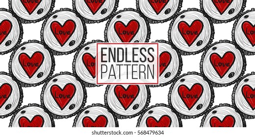 Vintage seamless pattern with round wood piece with red heart. Background for eco forest wedding or autumn celebrations. Black floral rustic symbols and elements on white hand drawing style.
