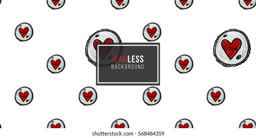 Vintage seamless pattern with round wood piece with red heart. Background for eco forest wedding or autumn celebrations. Black floral rustic symbols and elements on white hand drawing style.