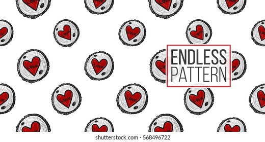 Vintage seamless pattern with round wood piece with red heart. Background for eco forest wedding or autumn celebrations. Black floral rustic symbols and elements on white hand drawing style.