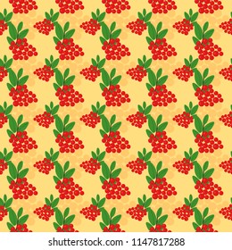 Vintage seamless pattern with rowanberry. Yellow background with autumn berries. Vector illustration