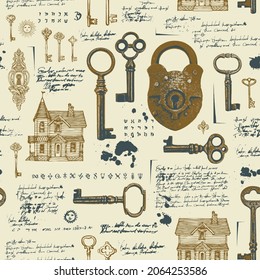 Vintage seamless pattern with rusty padlock, old keys, keyholes and hand-drawn log houses. Vector background with unreadable handwritten text and sketches. Wallpaper, wrapping paper, fabric
