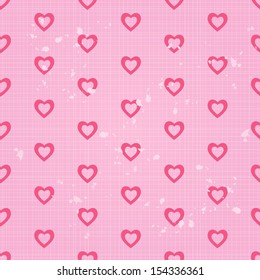 Vintage Seamless Pattern with Scratches and Pink Heart Silhouettes. Vector Retro Background