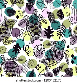 Vintage seamless pattern with sea turtles.