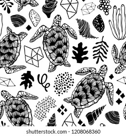 Vintage seamless pattern with sea turtles.