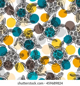 Vintage seamless pattern with sea turtles on a polka dot background. 