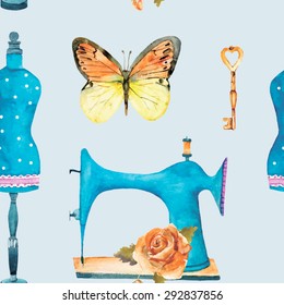 Vintage seamless pattern with sewing machine, key, butterfly, rose and fashion mannequin. Watercolor vector illustration for your design. 