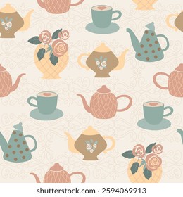 Vintage seamless pattern in shabby chic style. Elegant floral motif, teapot, tea party, coffee time, nostalgic roses and bows, delicate pastel colors. Vector