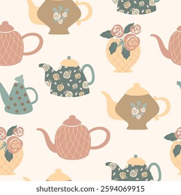 Vintage seamless pattern in shabby chic style. Elegant floral motif, teapot, tea party, coffee time, nostalgic roses and bows, delicate pastel colors. Vector