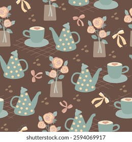 Vintage seamless pattern in shabby chic style. Elegant floral motif, teapot, tea party, coffee time, nostalgic roses and bows, delicate pastel colors. Vector