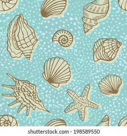 Vintage seamless pattern with shells. Turquoise background With brown contours and beige stains. Vector pattern. 