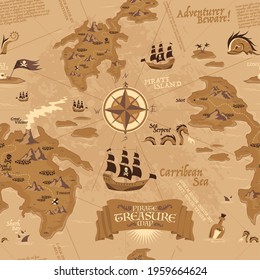 Vintage Seamless Pattern Showing Map For Treasure Search With Pirate Sailboats And Islands In Carribean Sea Vector Illustration