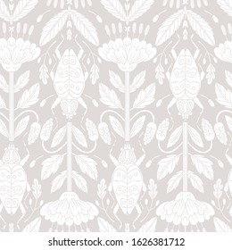 vintage seamless pattern, silhouette floral ornament, flowers and insects on a beige background