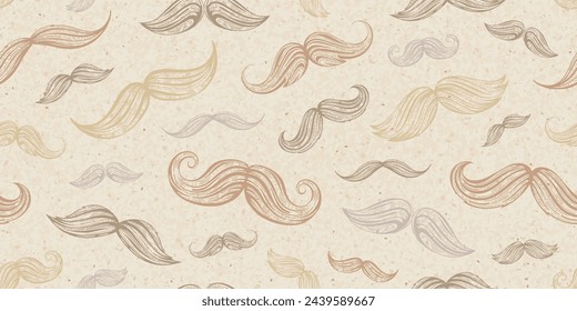 Patrón sin costuras vintage con bigote hipster boceto en papel viejo. Bigote de hombre dibujado a mano en estilo retro sobre fondo de cartón. Patrón sin fisuras para el día del padre, ilustración vectorial