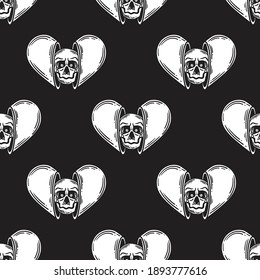 Vintage Seamless Pattern the skull cries between love on Black Background